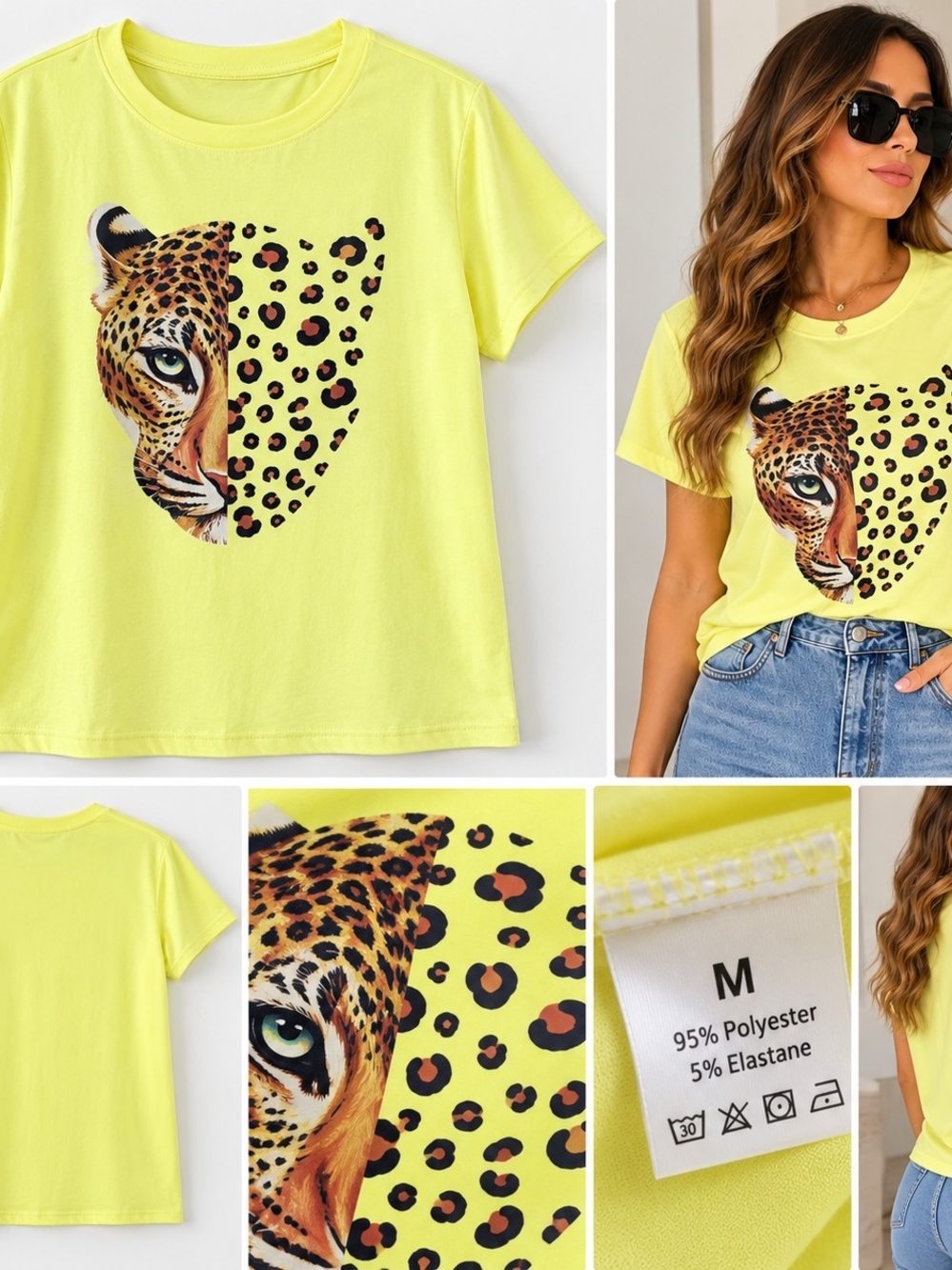 SHEIN Neon Yellow Leopard Face Graphic Tee